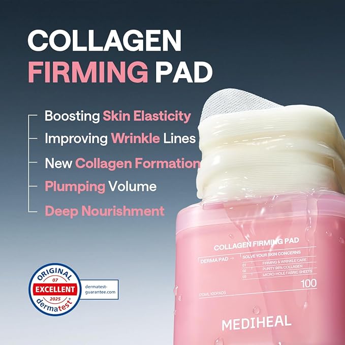 MEDIHEAL Toner Pads 100 Count - Collagen Skin Firming- Contains 98% Low-Molecular Collagen with Retinol&Peptides for Firming Care - Helps Restore Skin Elasticity - Vegan Fabric, Korean Skin Care