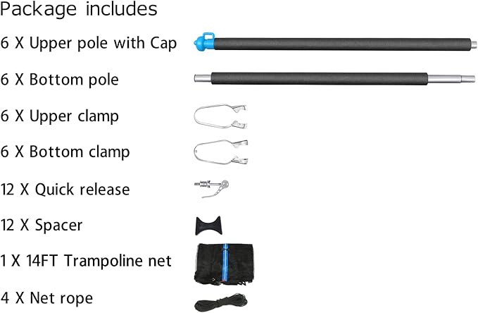 14FT Trampoline Enclosure Net with Universal Trampoline Replacement Enclosure Poles and Hardware (Only fit for 14FT Trampoline with 6 Poles)
