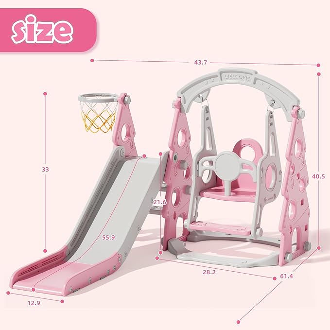 KORIMEFA 4-in-1 Kids Slide and Swing Set, Toddler Slide with Basketball Hoop, Swing, Outdoor Indoor Playground for Toddlers 1-3 Pine Shape Design(4 in1-Pink)