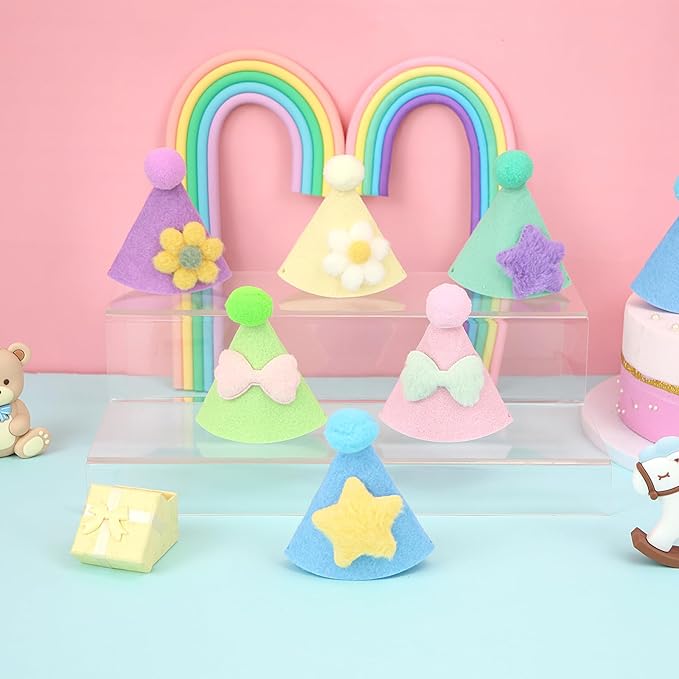 12pcs Mini Party Hats for Stuffed Animals, Macaroon Hats with Pom Pons for Dolls Dog Cat Rabbit Puppies Assorted Animal Birthday Decorations