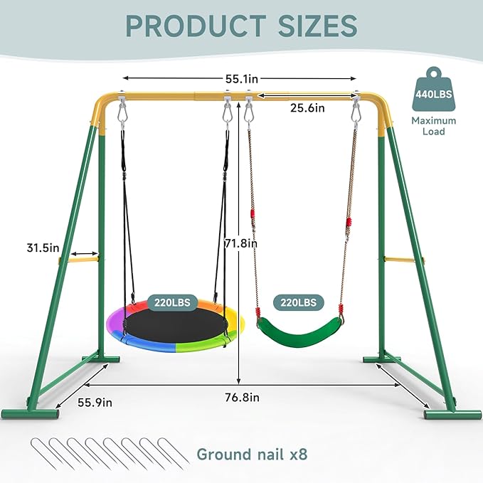 2-in-1 Swing Set for Backyard for Kids, with 1 Platform Swing, 1 Belt Swing, 440lbs Metal Swing Set for Toddler, Heavy-Duty Swing Stand w/8 Ground Stakes, Outdoor Swingset for Kids Adults (Green)