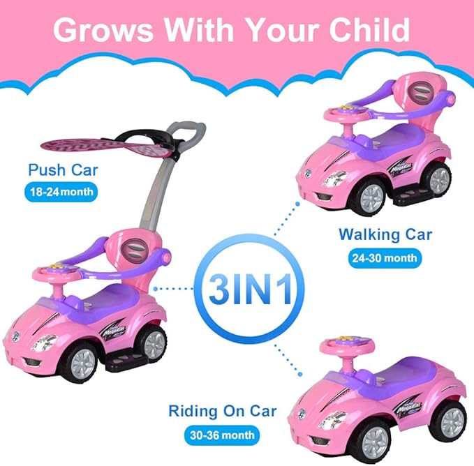 ChromeWheels Push Cars for Toddlers, 3 in 1 Ride on Push Car with Removable Canopy, Ride on Toys Mega Car w/Handle & Horn & Music, Pink