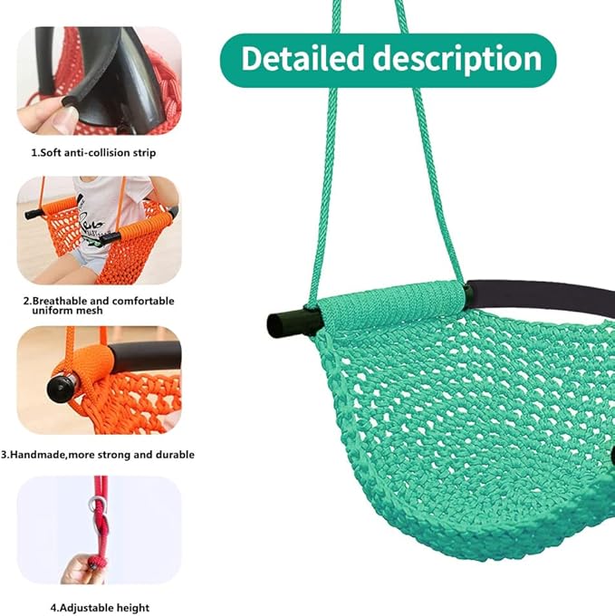 Hand-Knitting Toddler Swing, Swing Seat for Kids with Adjustable Ropes, Little tikes Swings Set, for Outdoor Indoor, Playground, Backyard (Macaron Green)
