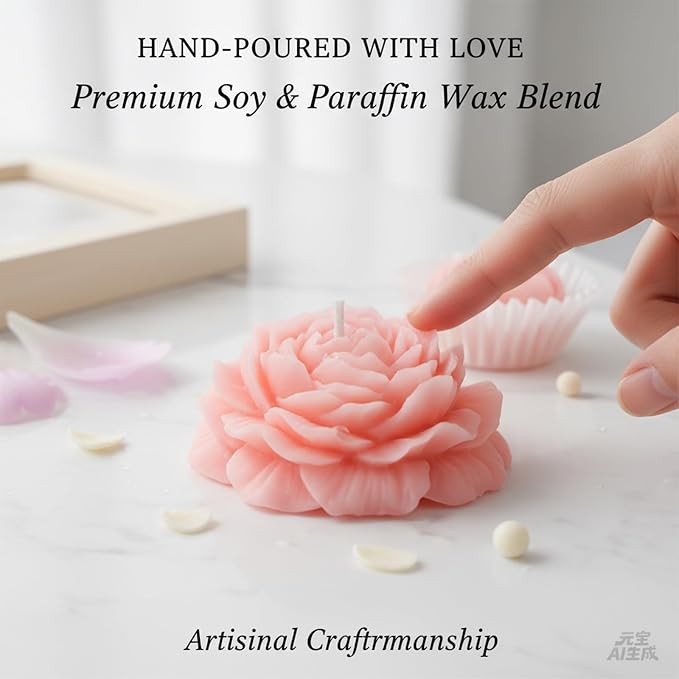Flower Candles, Rose Peony Shaped Scented Floral Candle (Pink) | 6-Pack Handmade Aromatherapy for Spa Party Wedding Home Decor