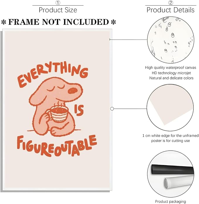 LEKDRA Everything Is Figureoutable Motivational Poster Cute Dog Positive Quote Inspirational Wall Art Funny Cartoon Mental Health Coffee Canvas Print for Kids Room Home Decor 8x12inch Unframed