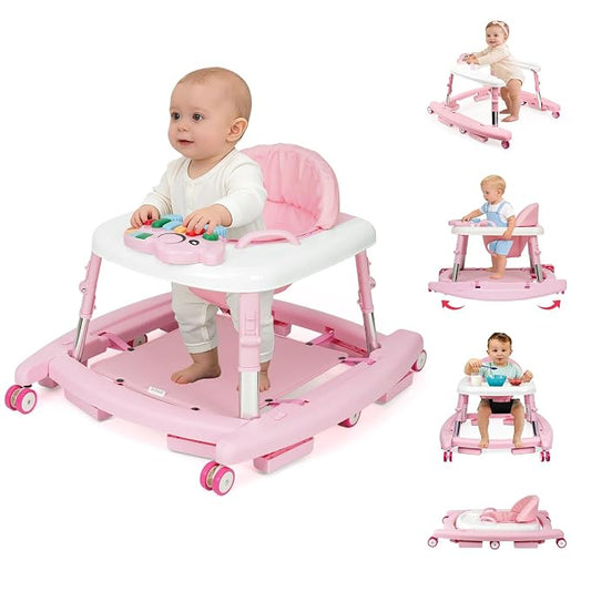 5-in-1 Baby Walker for Boys and Girls Music and Lights 6-18 Month, Foldable Baby Walkers with 5 Adjustable Heights, Infant Toddler Walker with Wheels and Combo Portable（Pink）