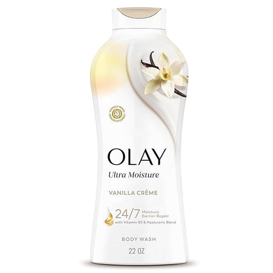 Olay Body Wash for Women, Ultra Moisture, 24/7 Moisture Barrier Repair, Hydrating Formula for Visibly Healthy Soft Skin, Vitamin B3 & Hyaluronic Blend, All Skin Types, Vanilla Creme Scent, 22 fl oz