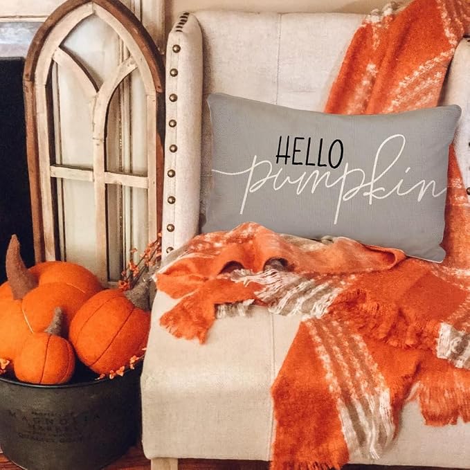 RABUSOFA Fall Pillow Covers 12x20 Inch,Autumn Hello Pumpkin Pillows Decorative Throw Pillows,Lumbar Outdoor Thanksgiving Cushion Cover Farmhosue Fall Decor for Bedroom Couch Sofa Gray