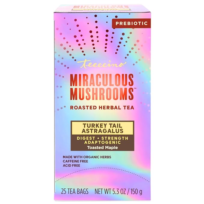 Teeccino Mushroom Herbal Tea - Turkey Tail Astragalus Toasted Maple - Caffeine Free, Prebiotic, 3x More Herbs - 25 Tea Bags
