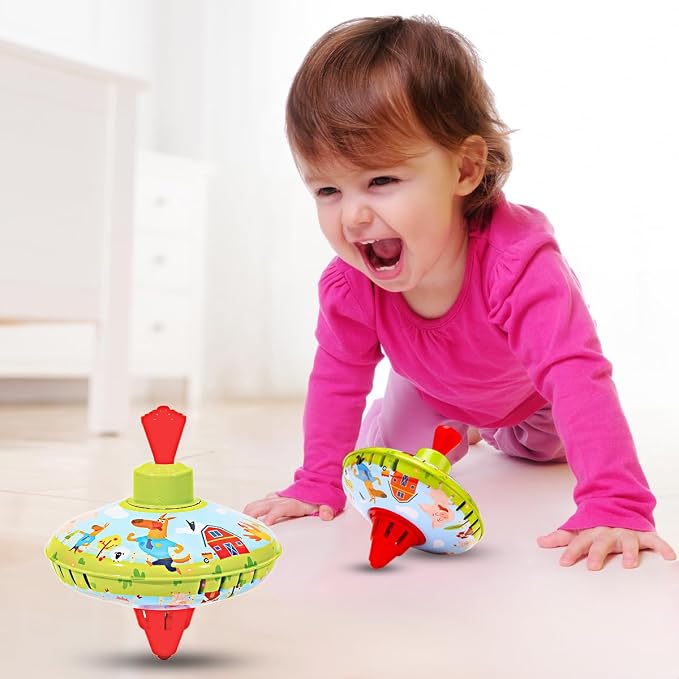 Fun Farm Spinning Top Tin Toy for Kids – Retro Classic Toys - Toddler Traditional Spin Tops - Metal Fidget Spinner for Kindergarten – Sensory Gyroscope - Novelty Present Party Favors