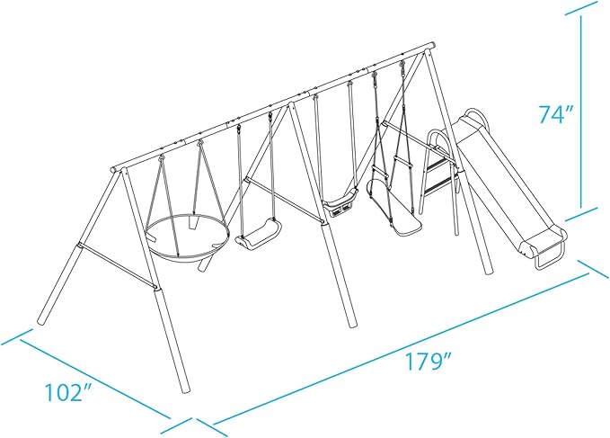XDP Recreation Surf N Swing Painted Steel 5 Station Kids Outdoor Backyard Swing and Play Set with Wave Slide, Foam Leg Guards, and Hardware, Blue