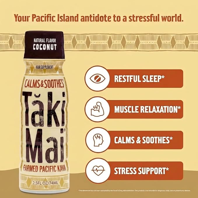 Taki Mai Coconut Kava Kava 2.5 oz (6-pack) Shots – Noble Kava Root Drink, Ready to Drink for Stress Support & Relaxation, Fast Acting Herbal Support for Calming Better Sleep and Balanced Mood