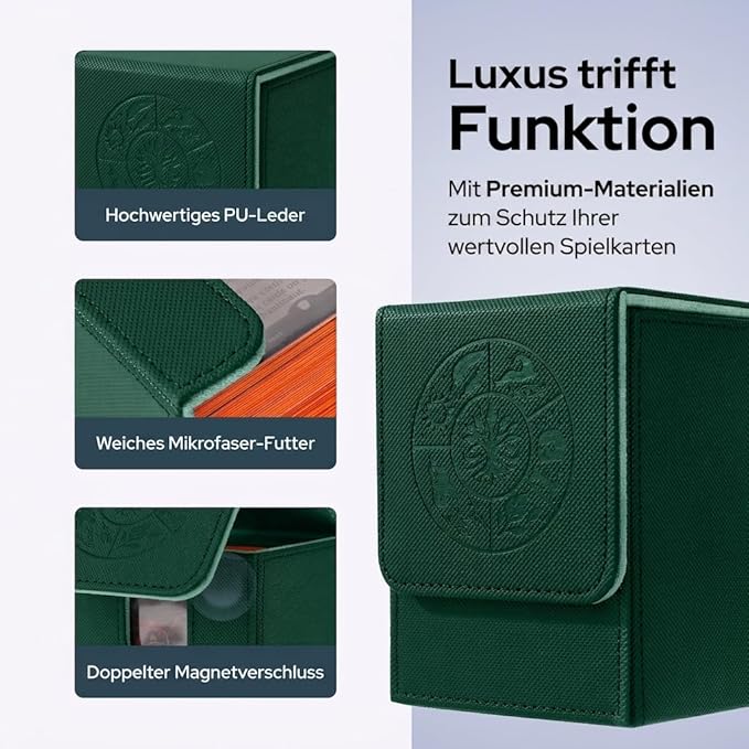 MTG Commander Deck Box with 2 Dividers – Fits 100+ Single Sleeved Cards, Strong Magnet Deck Case for Magic: The Gathering, Premium PU Leather Storage for TCG CCG (Green)