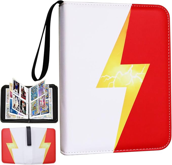Trading Card Binder 4-Pocket Album Holds 400 Cards | 50-Page Capacity | Game & Sports Card Organizer with Zipper Closure | Portable Storage for Collectibles | Red & White