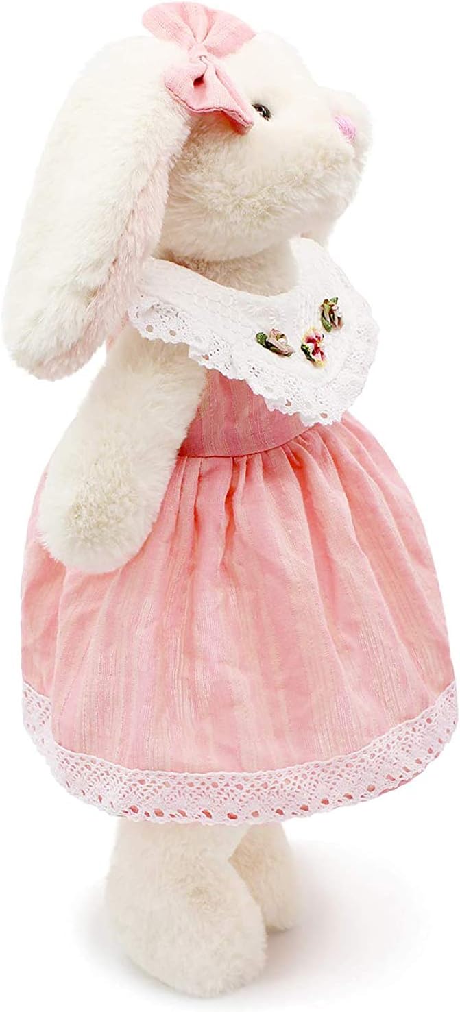 Small Soft Stuffed Animal Bunny Rabbit Plush Toy for Baby Girls 15inch (White Rabbit Wearing Pink Lace Dress)