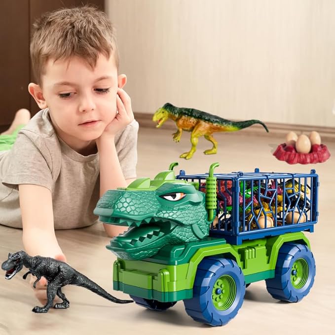 Dinosaur Truck for Kids 2-4, Dinosaur Action Figure Toys for Toddler 3-5 with 8 Dinosaur Figures, Play Mat, Egg, Tree, T-Rex Transport Car Carrier Birthday Gifts Toys for Boys 2 3 4 5 6 Year Old