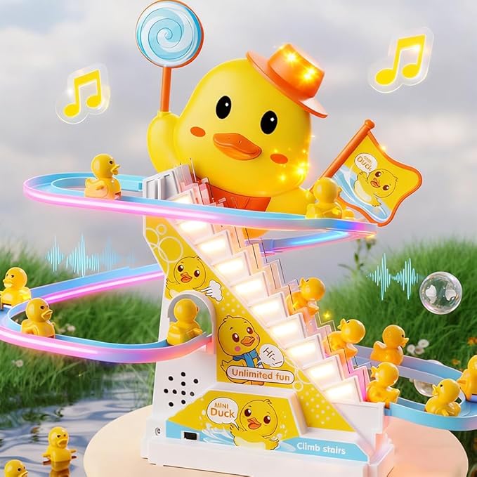Duck Climbing Toy Set Electric Light Slide Climbing Toys for Automatic Stairs,Playful Santa Race Game Christmas Roller Climbing Toys with LED Light and Music for Toddlers Boys Girls