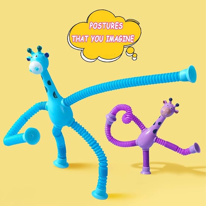 Bendable Giraffe Figures, Toys Set of 4 Flexible Giraffes, Telescopic Suction Cup Toy, Telescopic Pop Tubes, Fidget Tubes Sensory Toys Basket Stocking Stuffer for Girls Boys