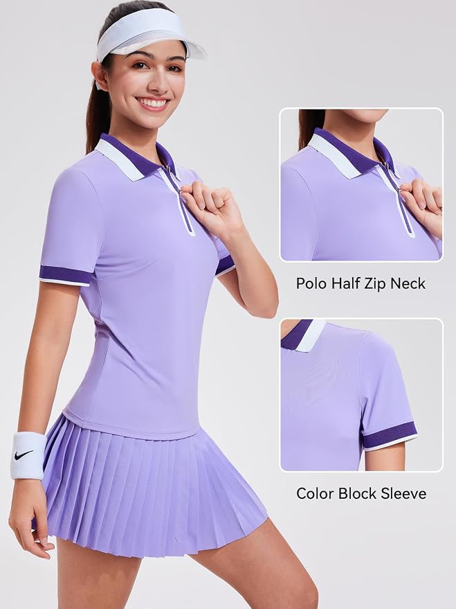 Tennis Skirt Sets for Women Zipper Color Block High Waisted Golf Polo Two Piece Skirt Set Women 2 Piece Outfits