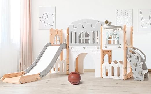 Toddler Slide 8-in-1 Toddler Playset with Slide for Ages 1-3 – Indoor & Outdoor Kids Playground Including Climber, Crawl Tunnel, Basketball Hoop, Telescope & Storage