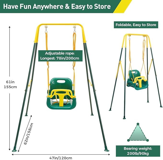 FUNLIO Toddler Swing with Foldable Metal Stand for Toddlers Aged 1~10 Years, 3-in-1 Baby Swing Set with 4 Sandbags for Backyard/Indoor/Outdoor Play, Easy to Assemble & Store, Green
