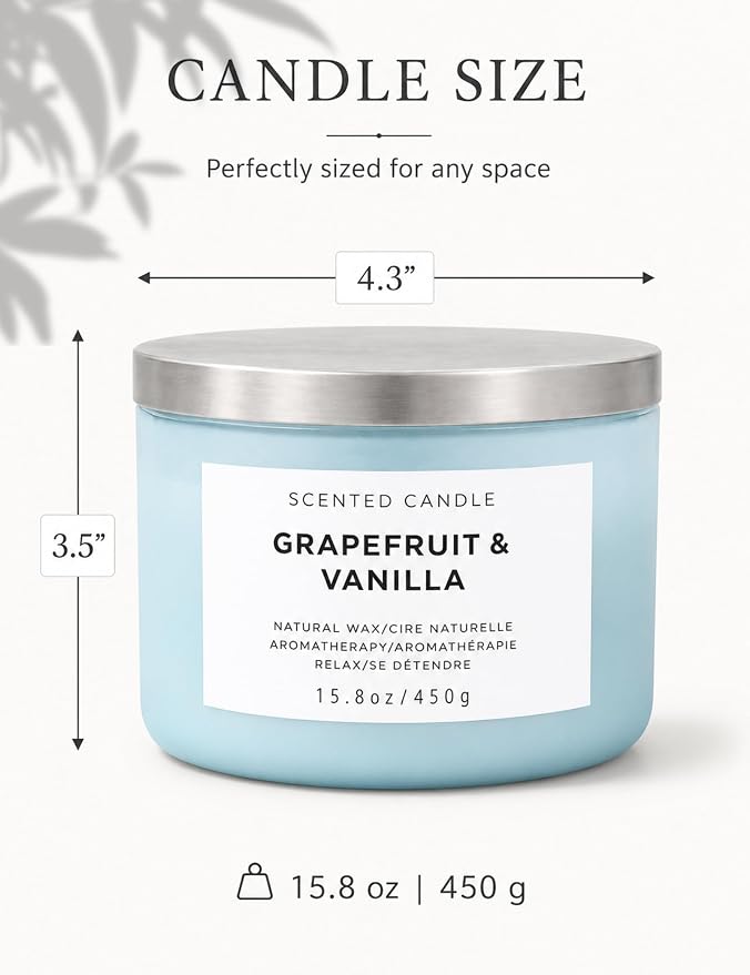 Grapefruit Vanilla 3-Wick Soy Candle | 15.8 oz Large Scented Candle for Home | Highly Scented Aromatherapy Candle for Women | Luxury Citrus Vanilla Candle Gift | Clean Burn Long Lasting