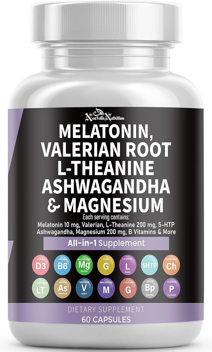 Melatonin Capsules with Valerian Root, Ashwagandha, L-Theanine, Magnesium, 5-HTP, GABA, Chamomile, Lemon Balm, Passion Flower, Griffonia Extract, Vitamin C & L-Glycine Supplement