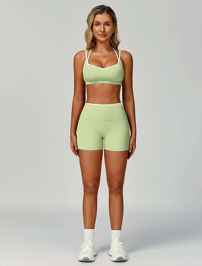 ABOCIW Workout Sets for Women 2 Piece Color Block Strappy Sports Bra High Waist Shorts Gym Yoga Pilates Outfits
