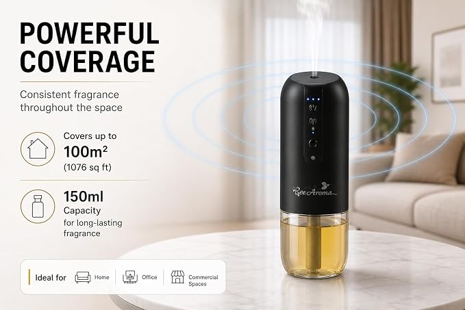 Cold Air Diffuser Machine for Home & Office – Waterless Aroma Diffuser, 150ml Capacity, Covers up to 100m², Bluetooth Control, Plug-in Hotel Style Scent System (White)