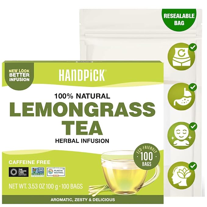 HANDPICK, Lemongrass Tea Bags (100 Count) Non-GMO, Caffeine Free - Quality Lemongrass Herbal Tea- Eco-conscious Round Tea Bags | Brew Hot or Iced Tea