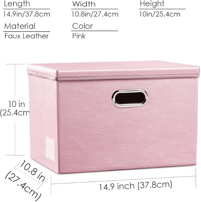 Collapsible Storage Bins with Lids [3-Pack] Leather Fabric Foldable Storage Boxes Organizer Containers Baskets Cube with Cover for Bedroom Closet Office Nursery Pink (14.9x10.8x10)