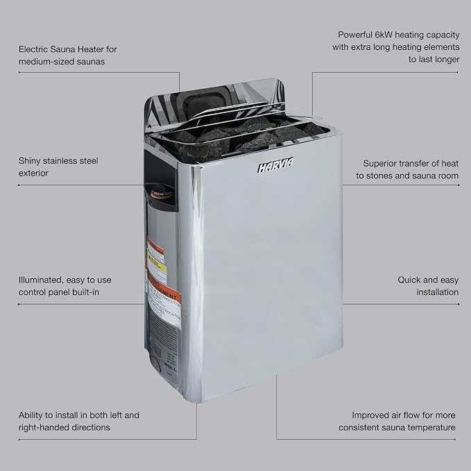 Harvia The Wall Electric Sauna Heater, Powerful 240V Sauna Stove for Medium Sized Rooms, Illuminated Operating Panel, Electric Heater for Dry Sauna Room, Includes Stones (6kW - Black)