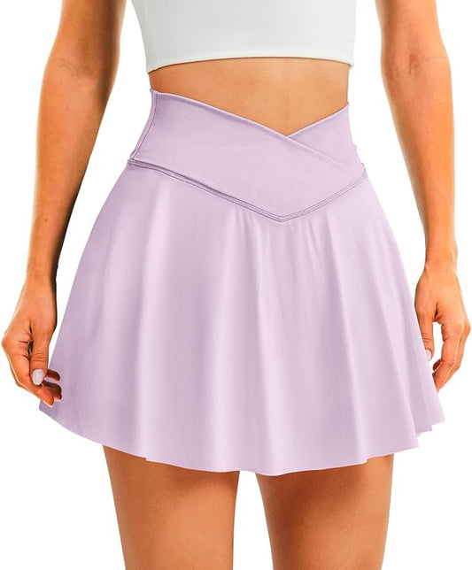 Womens Tennis Skirt Crossover High Waisted Skort with Pockets Shorts | Athletic Skirts for Golf Running Workout Pickleball, Aesthetic Activewear, Sporty Athleisure Style