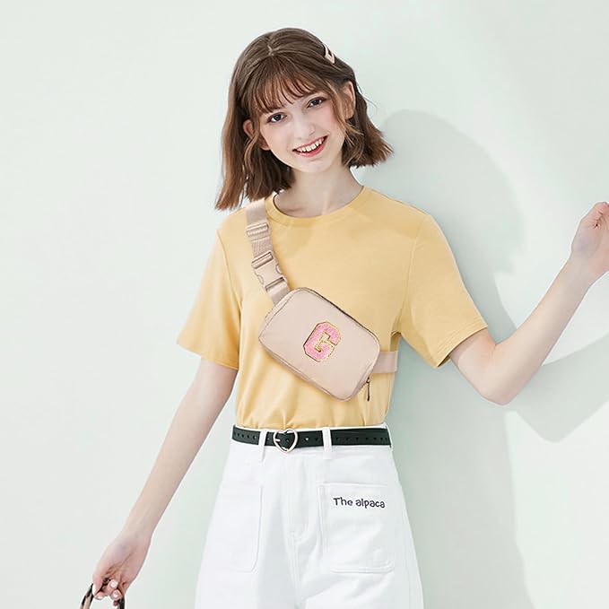 Gitus Belt Bag Fanny Pack Crossbody Bags with Initial Letter Patch Cute Stuff Birthday Gifts for Teenager Girls Trendy Preppy Stuff for Teen Girls(Beige-G)