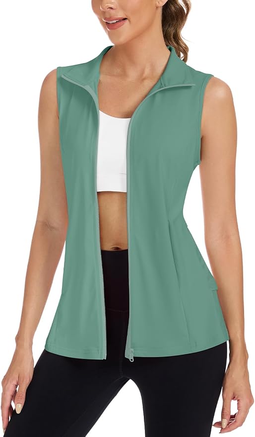 Women's Golf Vest with Pleated Tennis Skirt Hem Lightweight Full Zip Sleeveless Athletic Shirts with Pockets