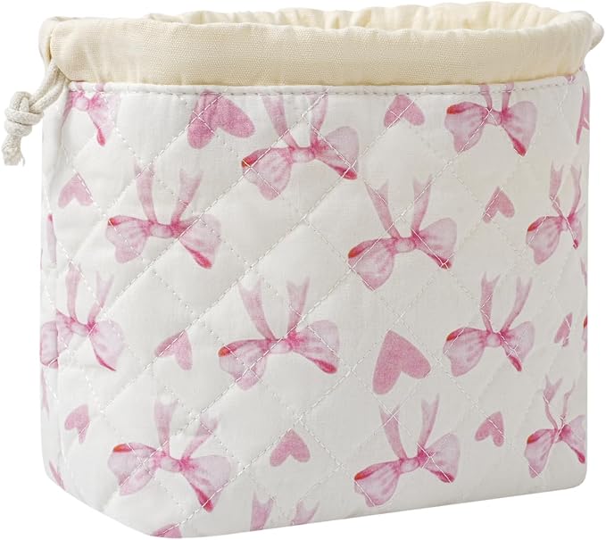 uekeboag Cotton Quilted Drawstring Makeup Bag with Canvas Lining,Coquette Aesthetic Cute Travel Toiletry Bag,Drawstring Gift Bag for Women and Girls（14Heart Bow）