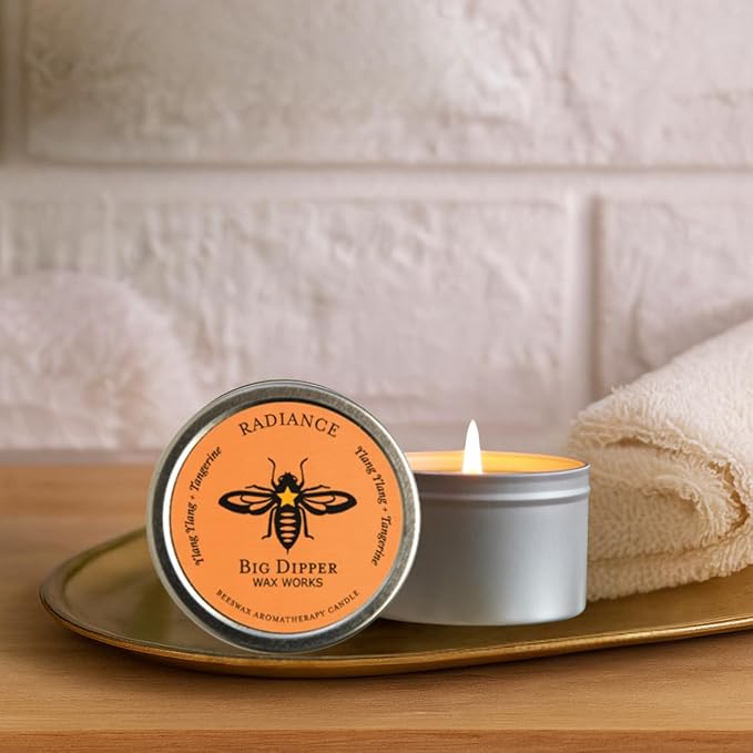Big Dipper Wax Works Beeswax Aromatherapy Candle Tin – Radiance, Tangerine & Ylang Ylang Essential Oils, 1.7 oz Travel Tin, 1.5" x 1", 12 Hour Clean Burn, 100% Pure Beeswax with Cotton Wick