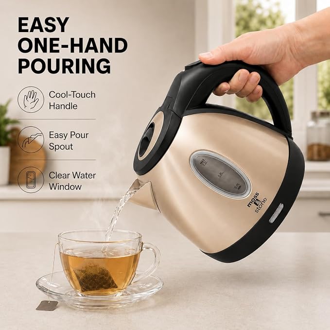 Moss & Stone 1.2L Stainless Steel Small Electric Kettle, Cordless 1500w Fast Boiling Pot, Portable Hot Water Electric Tea Kettle With Boil Dry Protection & Auto Shut-Off (Champagne)