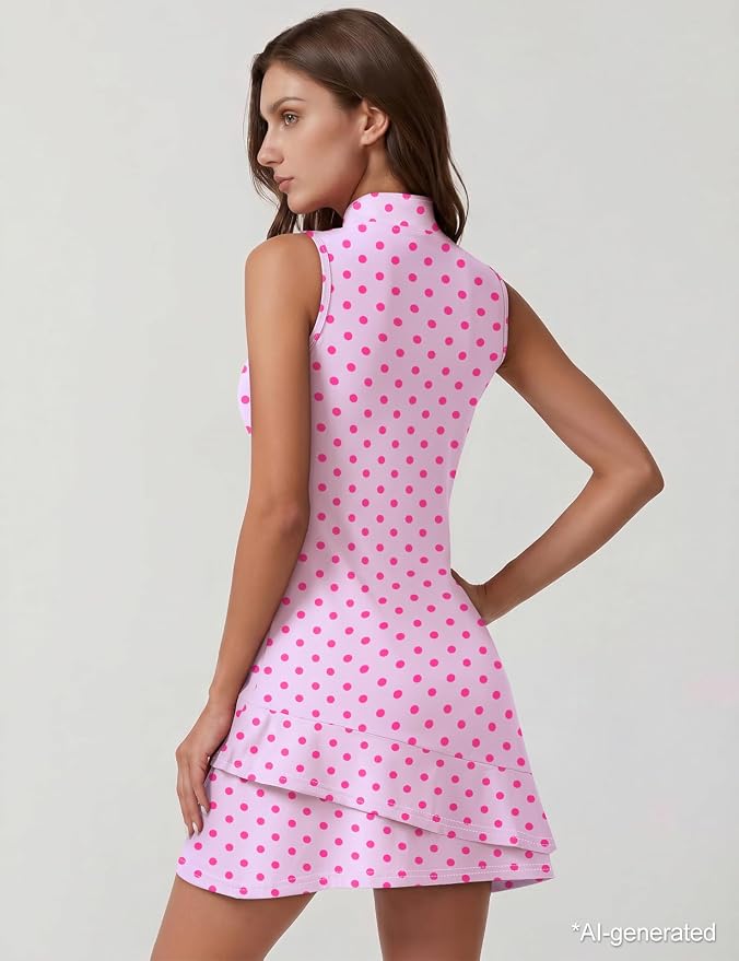 Viracy Tennis Dress for Women Sleeveless Golf Dresses with Shorts and Pockets Ruffle Zip Up Stand Collar Golf Outfits