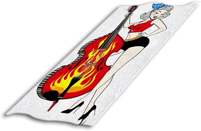 Rockabilly Pinup Girl Hand Towel Playing Double Bass with Flames Face Towels Suit Travel Sports Pool Swimming Bath Camping Spa Gym Yoga,15x30 Inch