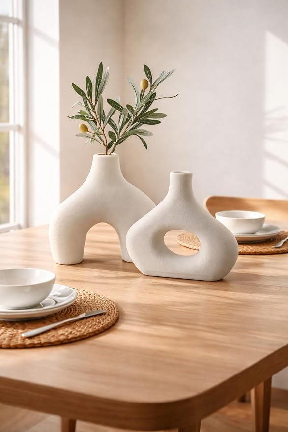 3D Printed Donut Vase Set of 2 – White Plastic Planter Vase with Drainage – Large Minimalist Nordic Hollow Design for Olive Tree, Modern Home Decor, Table, Console, Wedding (3D Printed in THE USA)