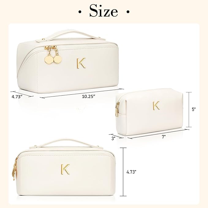 Birthday Gifts for Women Teen Girl, Personalized Initial Makeup Organizer Bag Set, Open Flat Travel Cosmetic Bag With Clear Divider and Handle(Large-Beige,K)