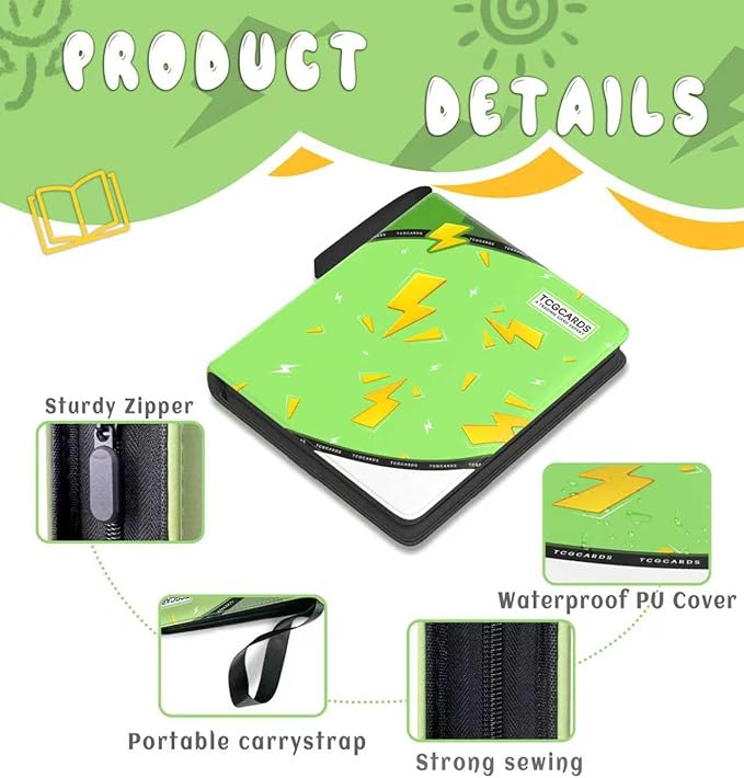 Trading Card Binder 4 Pocket,Card Binder 400 Pockets,Card Book Holder Cards with 50 Removable Sleeves,3-Ring Zip Design MTG/TCG/Sport Collectible Trading Card Albums Gifts for Boys and Girls(Green)
