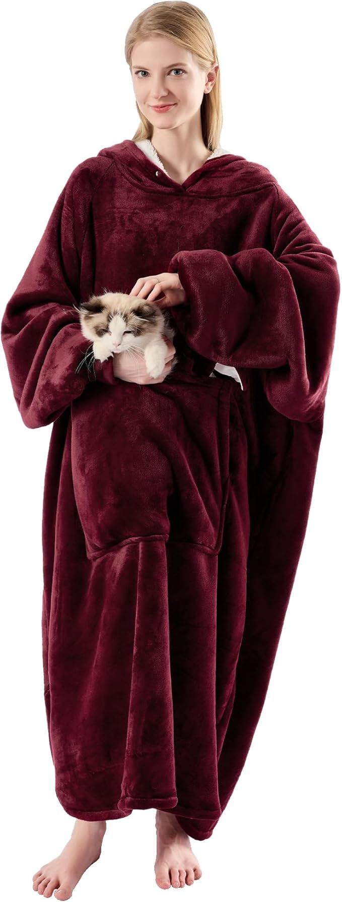 Krifey Big & Tall Wearable Blanket Hoodie with Cat Pocket, Extra Long Oversized Fleece Blanket for Adults, Cozy Birthday Gifts, Christmas Gifts