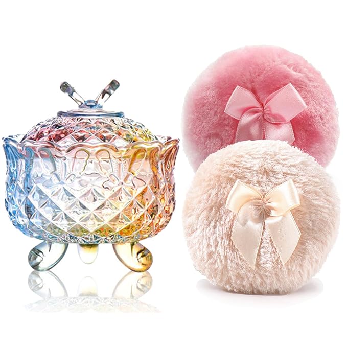 Luxury 4 Inch Glass Powder Container with 2 Soft 3.5" Puffs for Body Powder Makeup and Jewelry Storage (Butterfly-Colorful)