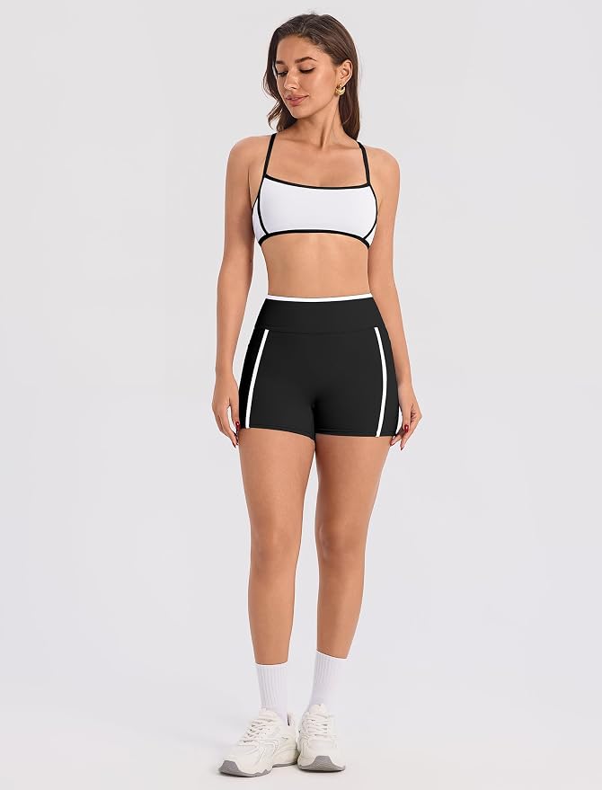 ABOCIW Workout Sets for Women 2 Piece Color Block Strappy Sports Bra High Waist Shorts Gym Yoga Pilates Outfits