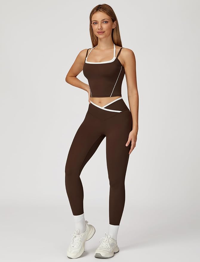 ABOCIW Workout Sets for Women 2 Piece Color Block Strappy Sports Bra High Waist Shorts Gym Yoga Pilates Outfits