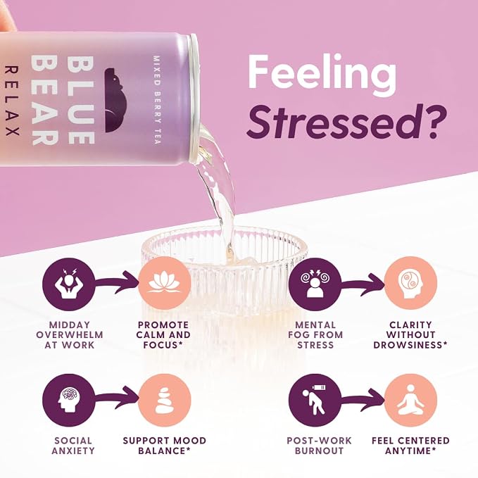 Blue Bear Relax Adaptogen Drink, Ready-to-Drink Mixed Berry Tea, Calming & Relaxation Beverage for Stress Relief, Nootropics & Botanicals, Caffeine-Free, Zero Sugar, 8.4 Fl Oz (4 Pack)