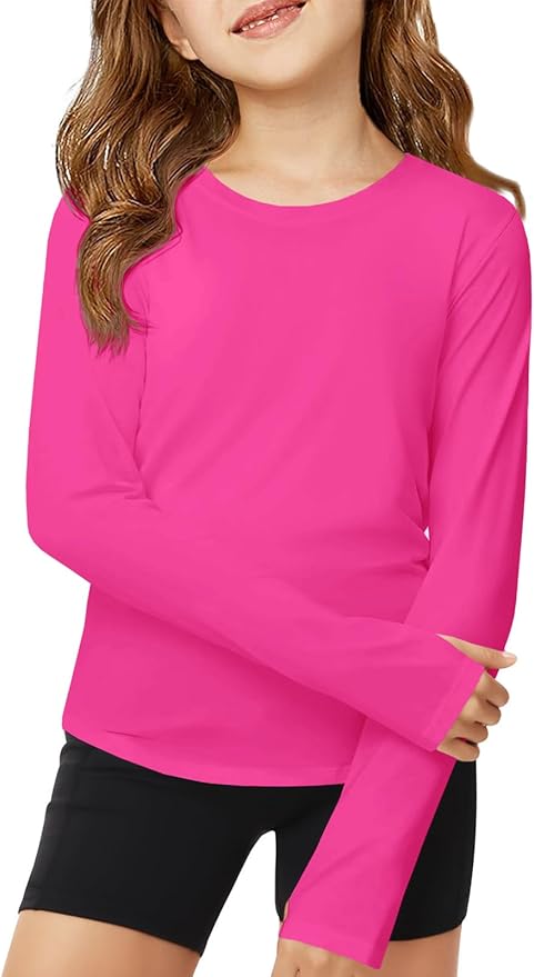 ZDC Girls Long Sleeve Athletic Shirts Kids Crewneck Quick Dry Workout Yoga Tops Basic Tees Activewear