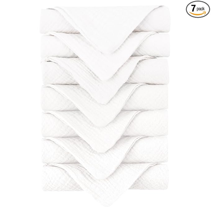 Konssy Baby Muslin Washcloths 7-Pack, 100% Cotton Baby Bath Washcloths, Soft & Absorbent Wash Cloths and Burp Cloths for Newborn Kids Girls & Boys, 11x11 inches
